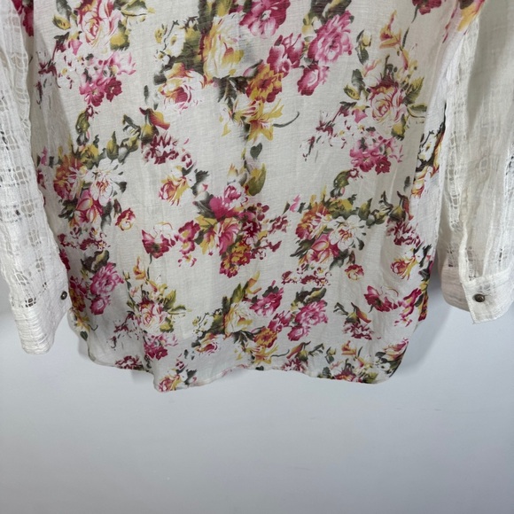 Aratta Silent Journey Button Down Sheer Plaid & Floral Blouse White Pink - Picture 7 of 13